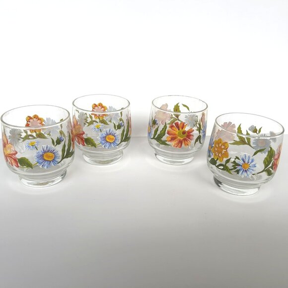 Set of Four Vintage Clear Floral Tumblers Glasses Orange, Blue, Yellow - Picture 2 of 6